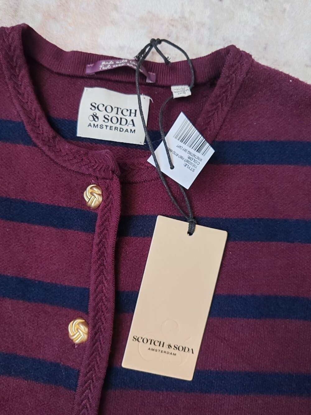 NWT Scotch & Soda Striped Knit Cardigan Sweater Gold Buttons Wine Navy XS - Picture 4 of 13